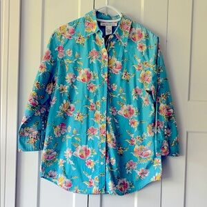 Jones New York Sport Floral Top‎ Medium Turquoise Pink Floral Cotton plus Belt